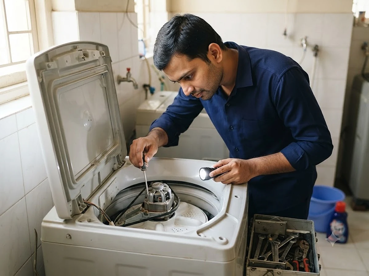 Technician explaining a washing machine fault to a customer at home