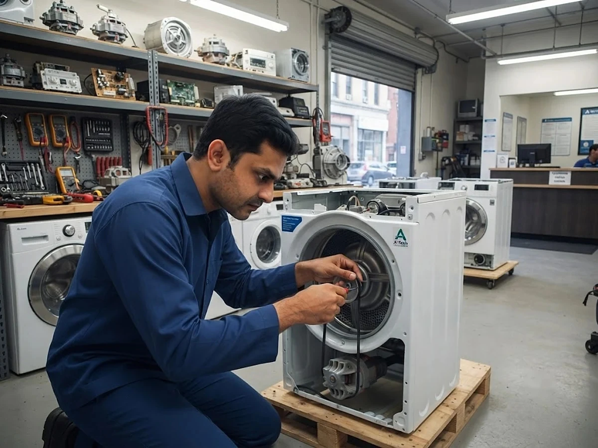 Technician replacing a part inside an LG washing machine