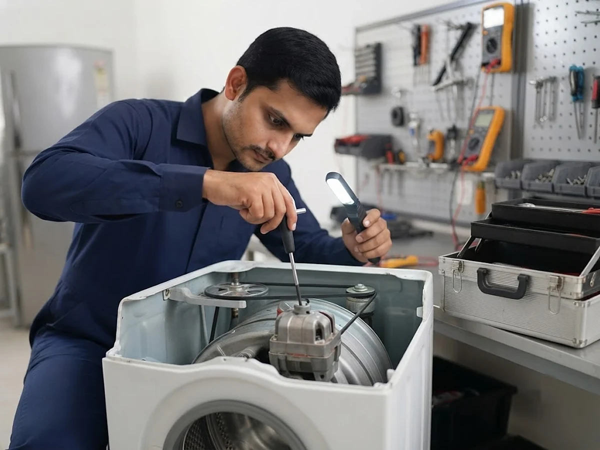 Technician repairing a Samsung top load washing machine