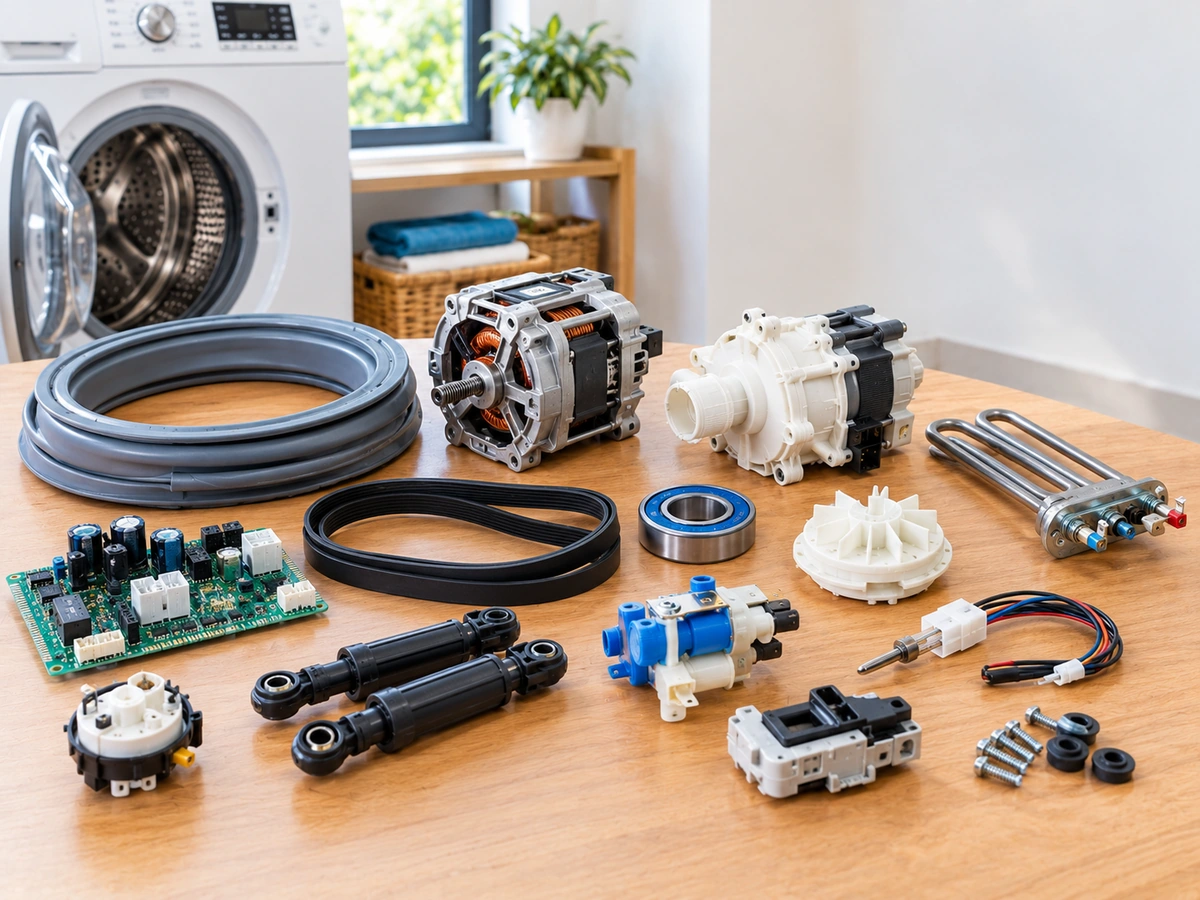 Genuine washing machine spare parts laid out beside a tool kit