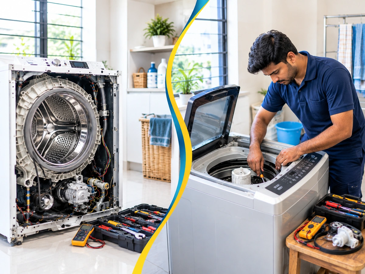 Technician checking the drum of a front load washing machine